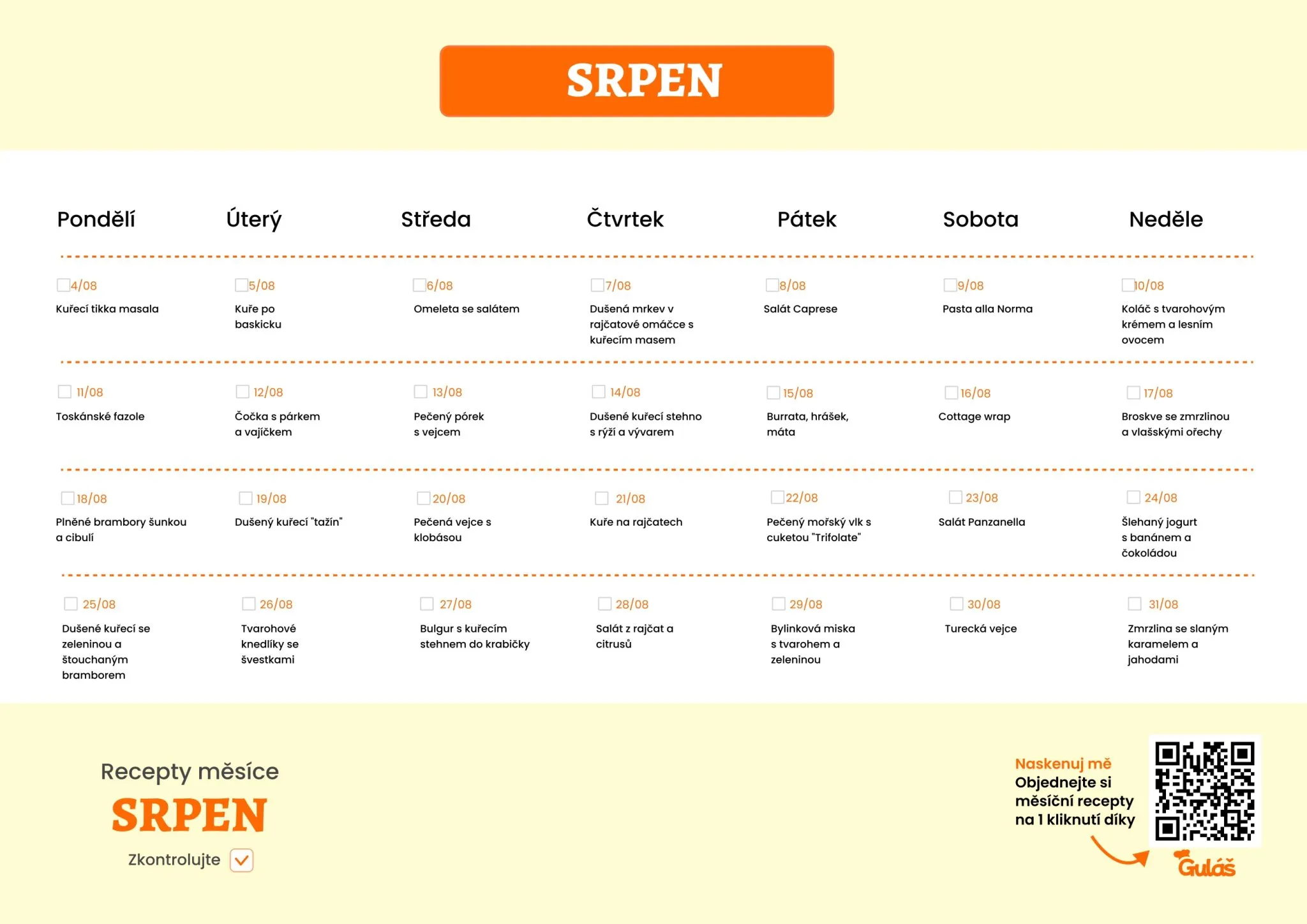 Jídelní plán na srpen 2025