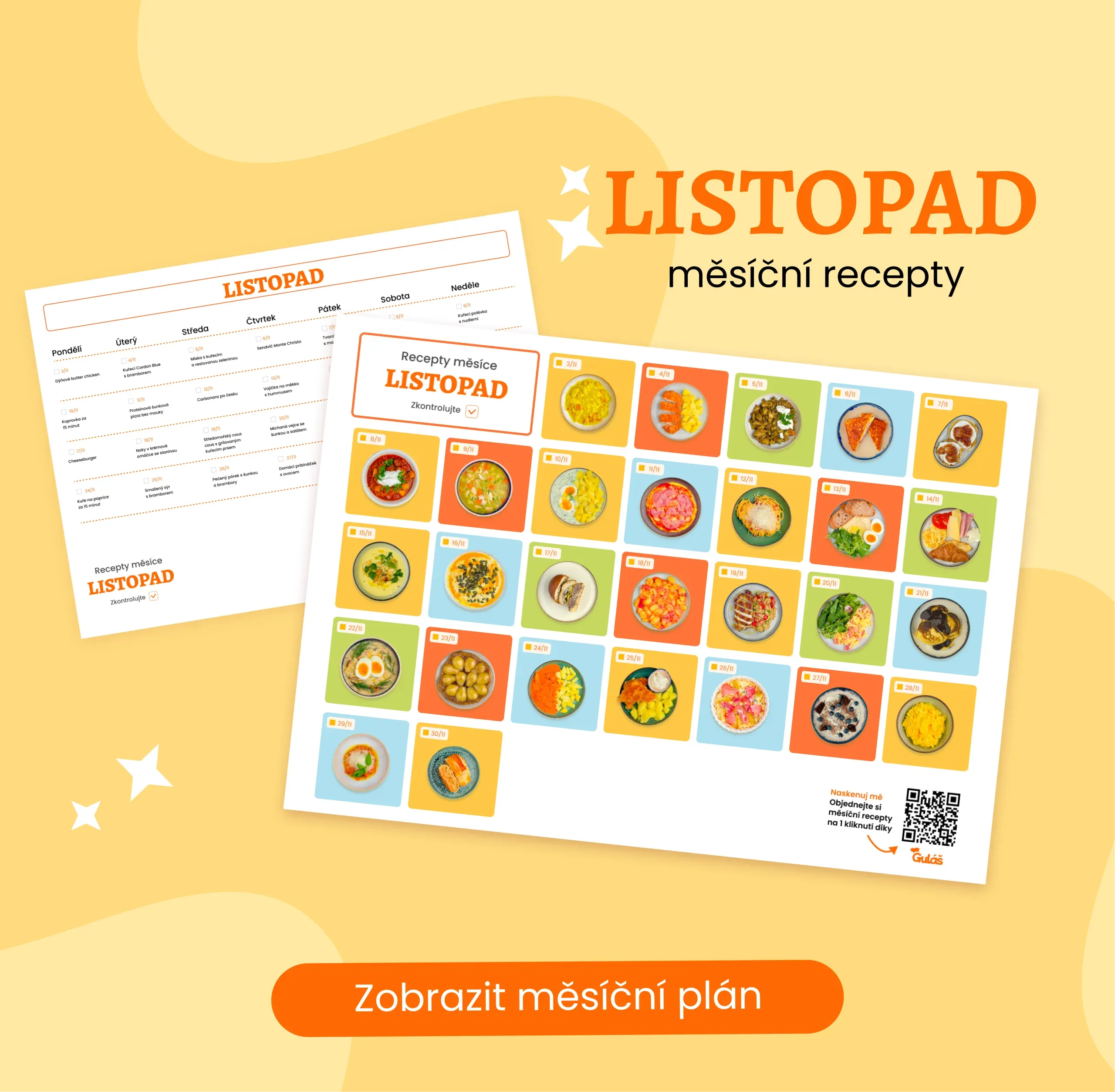 Náhled jídelního plánu na listopad 2025 v aplikaci Guláš
