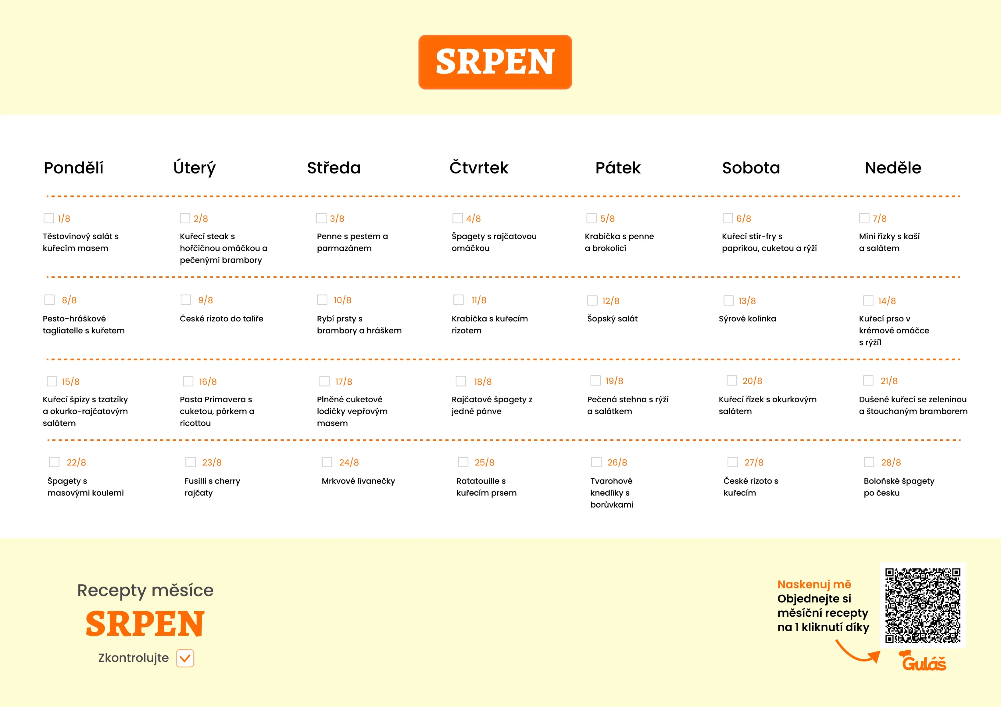 Jídelní plán na srpen 2026