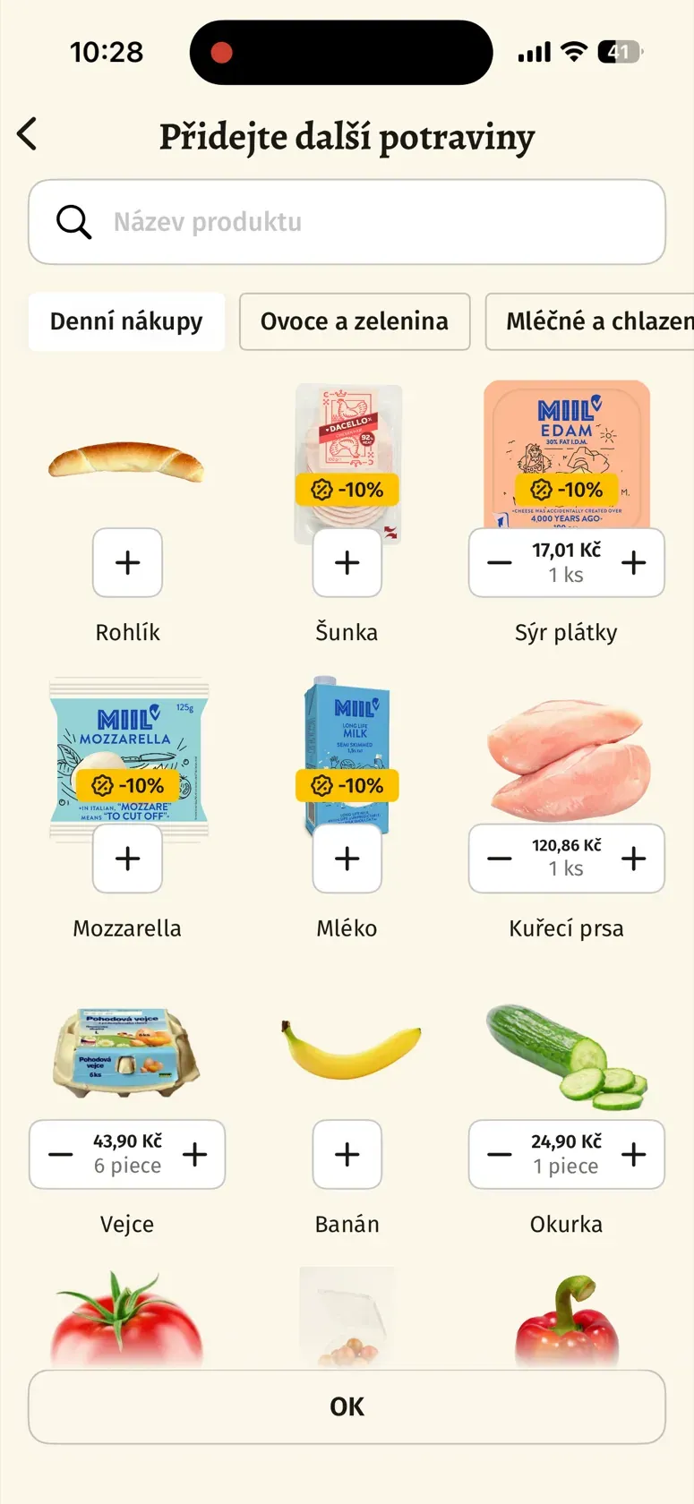 Katalog dalších potravin v Guláši s kategoriemi a možností doplnit běžný rodinný nákup