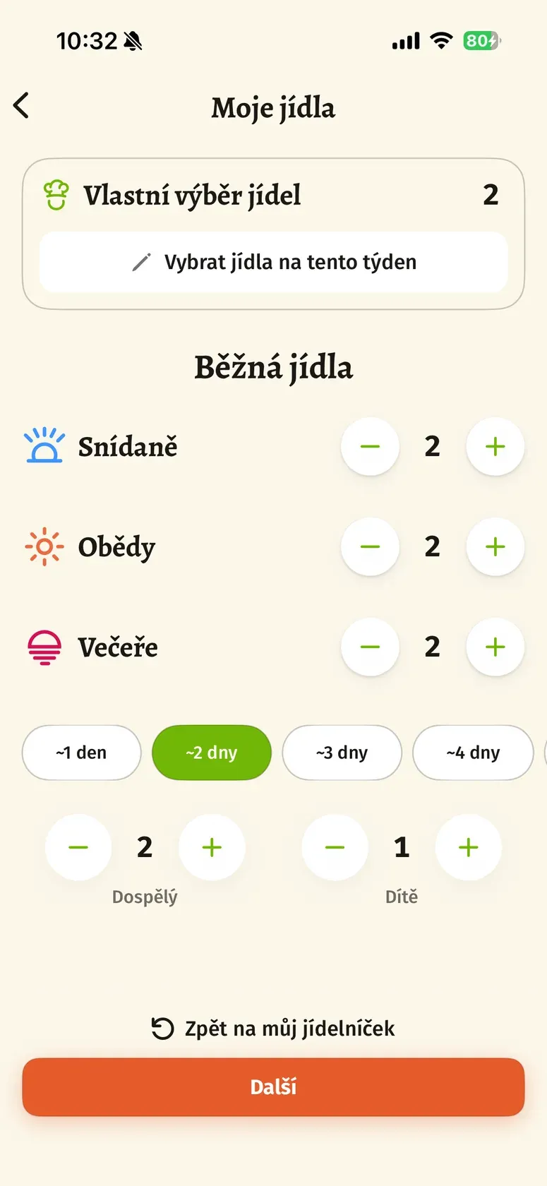 Nastavení počtu dospělých, dětí a jídel v aplikaci Guláš