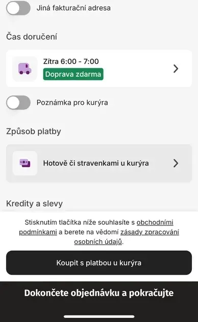 Checkout podporovaného obchodu s adresou, způsobem platby a dostupným časem doručení