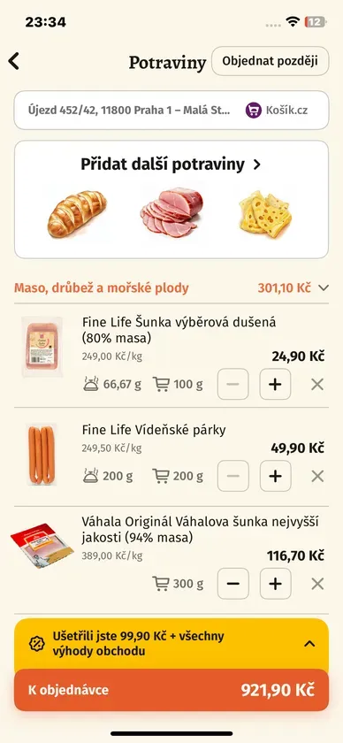 Aplikace Guláš – nákupní košík s ingrediencemi připravenými k objednání