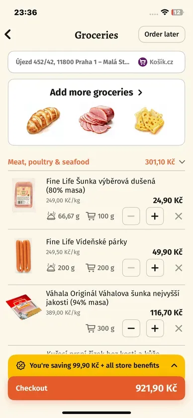 Goulash app - shopping cart with all ingredients ready to order