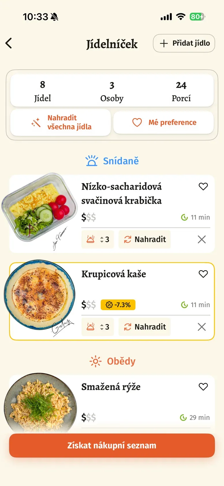 Jídelníček v Guláši s osmi jídly pro tři osoby a možností nahradit jídlo