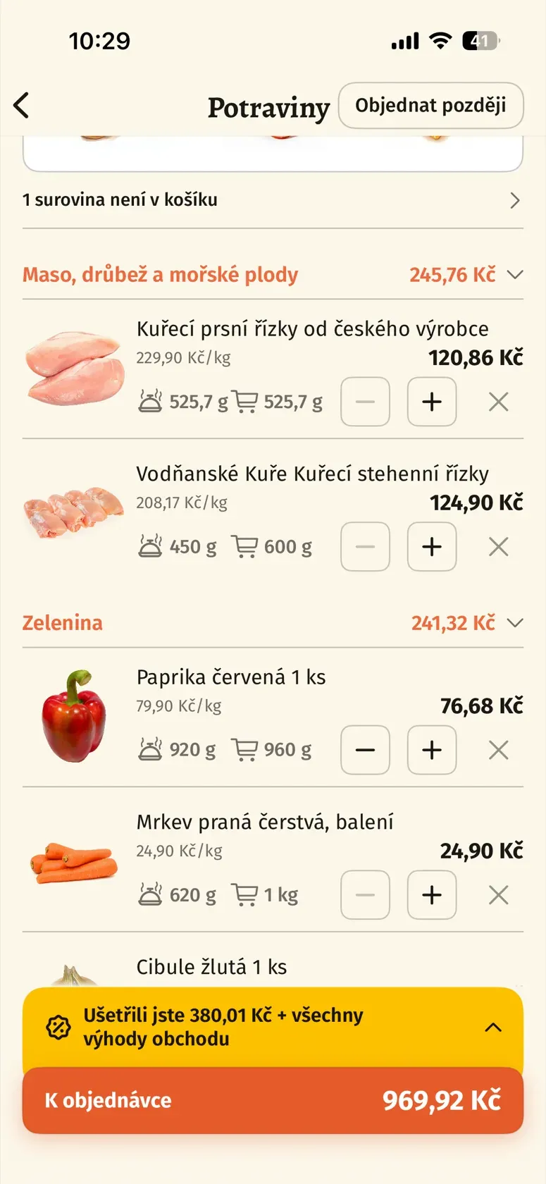 Košík v Guláši s potřebným množstvím surovin a skutečně nakupovaným balením