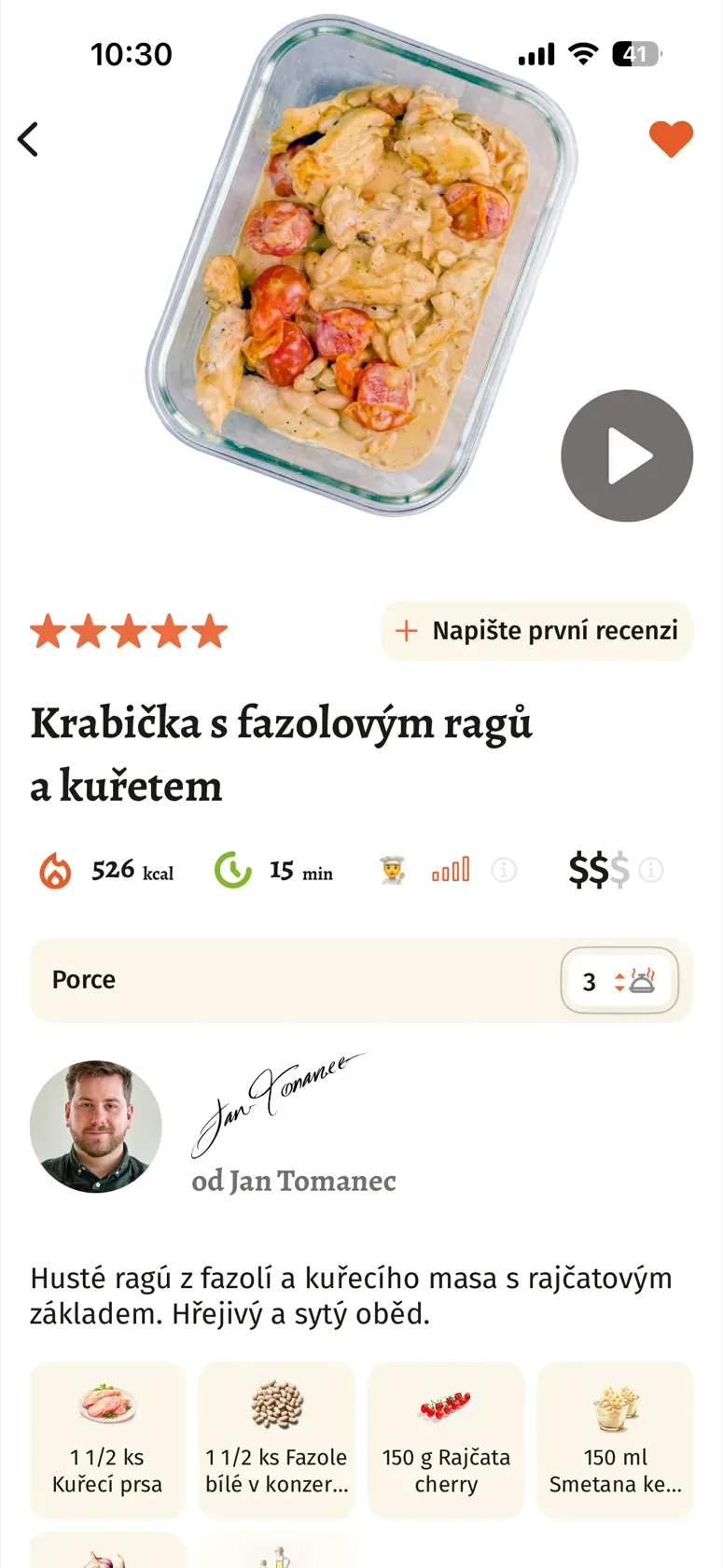Detail receptu v Guláši s ingrediencemi a nastaveným počtem porcí