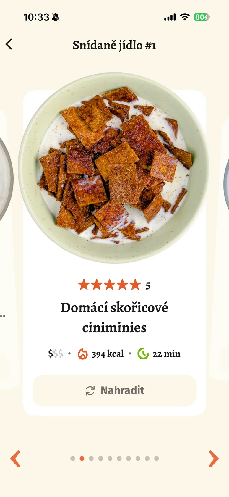 Nabídka náhradního jídla s tlačítkem Nahradit v aplikaci Guláš