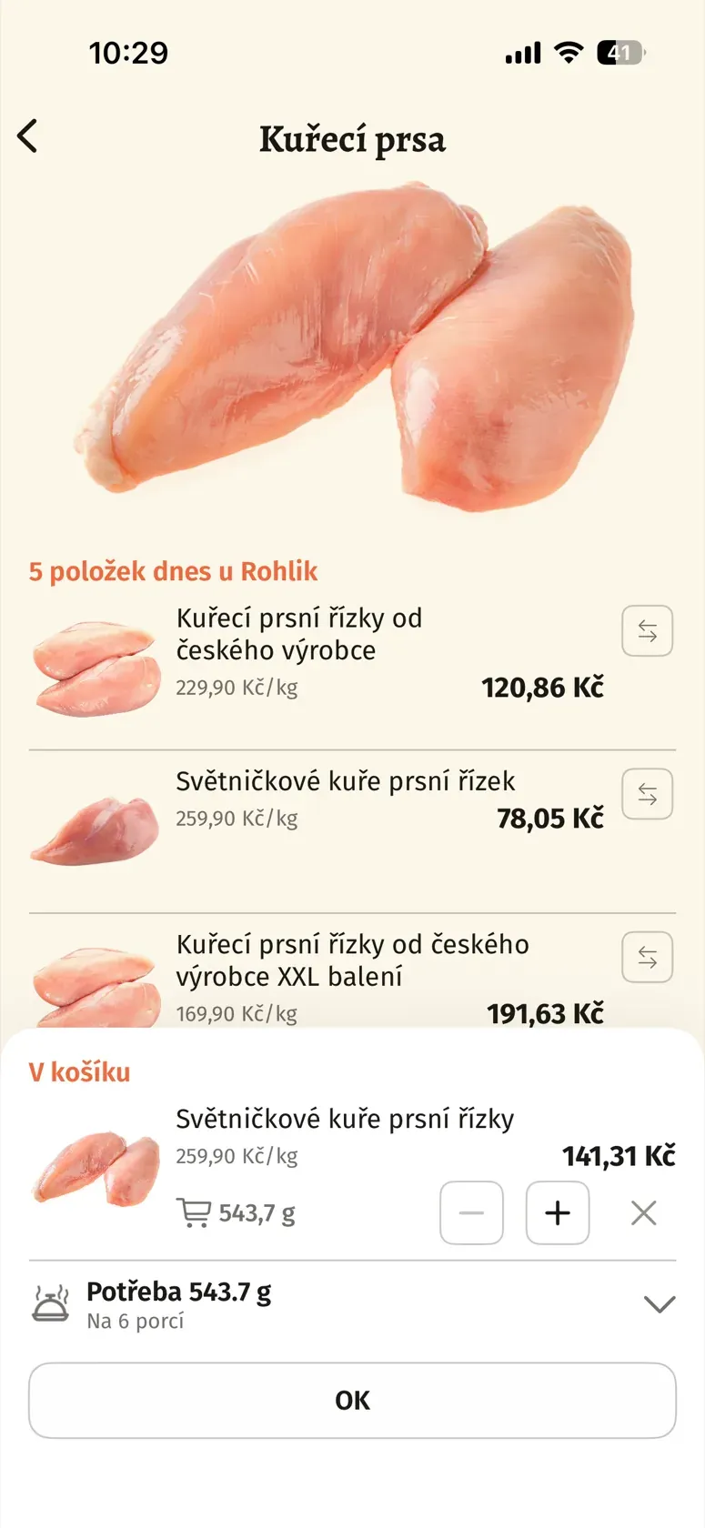 Výběr alternativního produktu pro kuřecí prsa s několika dostupnými variantami a cenami